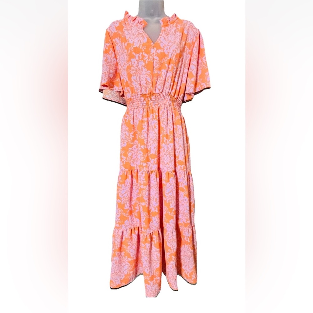 Haptics Womens 1X Tiered Maxi Dress Boho Print Orange Lavender Flutter Sleeve - Picture 2 of 9